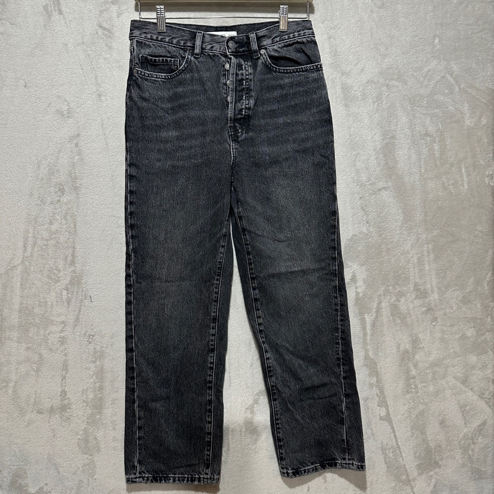 MNG Mango Women 4 Black Acid Wash High Rise Straight Leg Jeans 67080449 Cotton